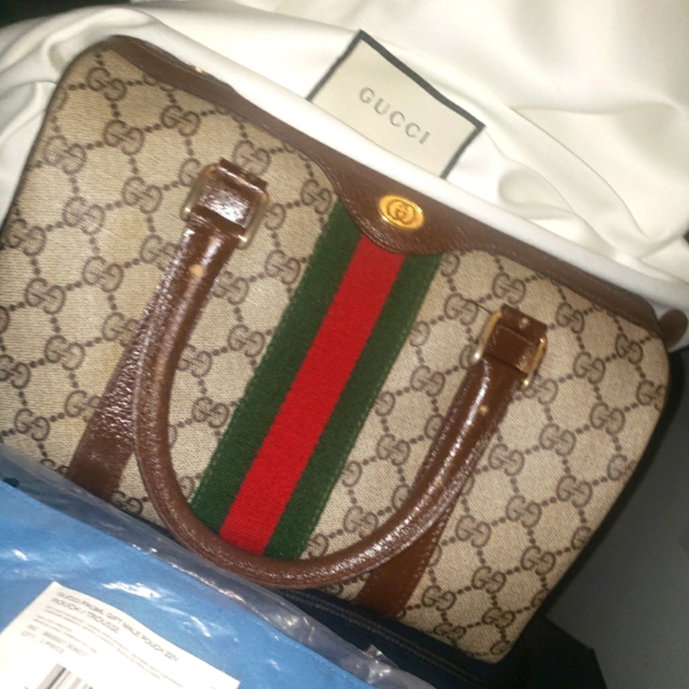 Gucci Vintage Supreme Web Monogram Boston Bag Pre-Owned Condition With Freebies.
